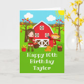 秋納屋周囲の庭ブラウンヘアガールハッピーバースデー カード (黄色い花)