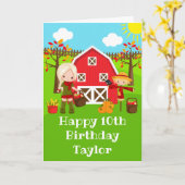 秋納屋周囲の庭ブロンドヘアガールハッピーバースデー カード (黄色い花)