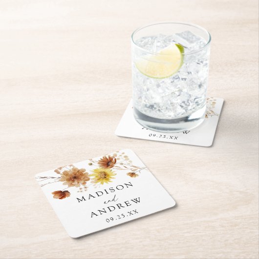 秋素朴のひまわり結婚と野ひま スクエアペーパーコースター (インサイチュ)