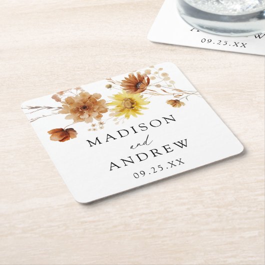秋素朴のひまわり結婚と野ひま スクエアペーパーコースター (アングル)