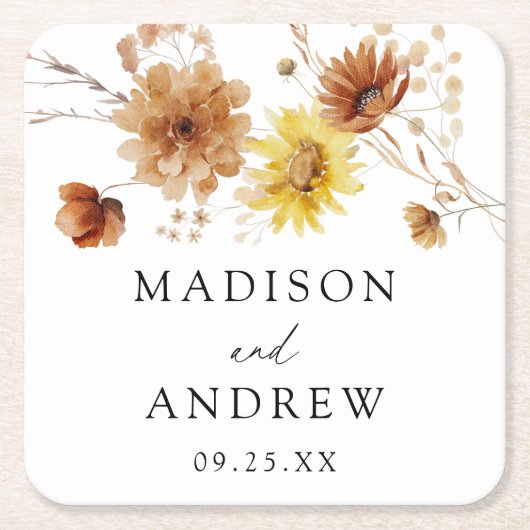 秋素朴のひまわり結婚と野ひま スクエアペーパーコースター (正面)