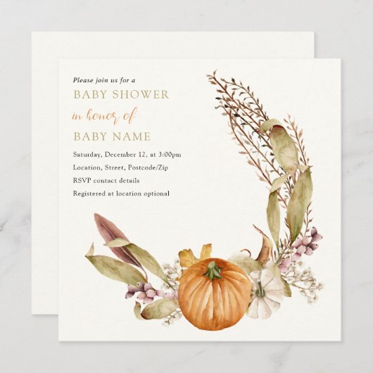 秋素朴のカボチャの赤ちゃんシャワー招待 招待状 (正面/裏面)