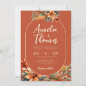 秋素朴のテラコッタ水の色のフローラ結婚 招待状 (正面)