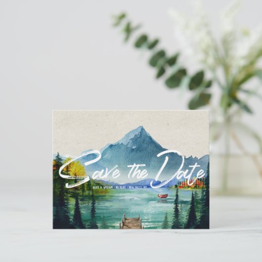 秋素朴の山結婚の |日付の保存 案内ポストカード (スタンド正面)