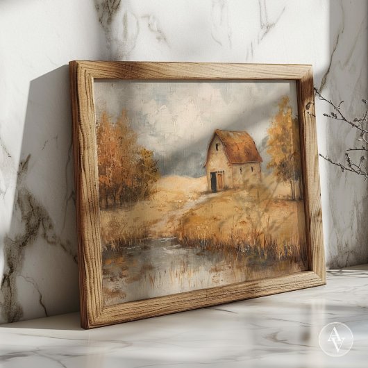 秋素朴の納屋絵を描のヴィンテージ池 ポスター