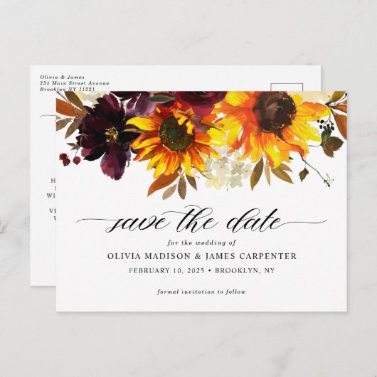 秋素朴ひまわりフローラ結婚式の日付を保存 案内ポストカード (正面/裏面)