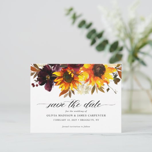 秋素朴ひまわりフローラ結婚式の日付を保存 案内ポストカード (スタンド正面)