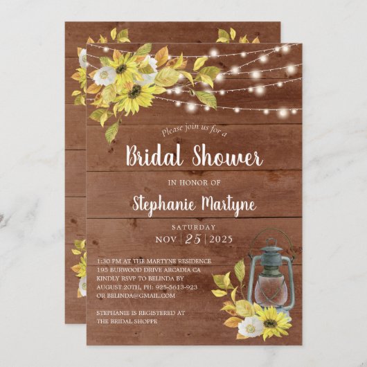秋素朴ひまわりランタンライトブライダルシャワー 招待状 (正面/裏面)
