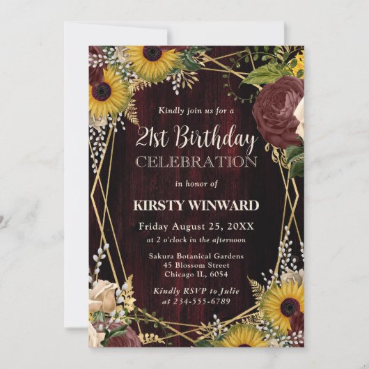 秋素朴ひまわり木枠21歳の誕生日 招待状 (正面)