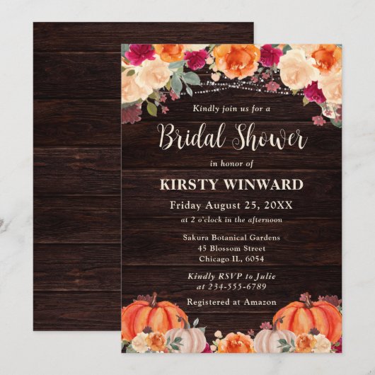 秋素朴オレンジカボチャフローラブライダルシャワー 招待状 (正面/裏面)