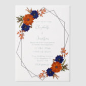 秋素朴オレンジネイビーブルーフローラ婚約 ベラム紙招待状 (正面)