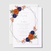 秋素朴オレンジネイビーブルーフローラ婚約 ベラム紙招待状 (オフセット)
