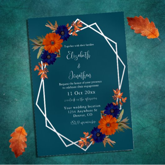 秋素朴オレンジネイビーブルーフローラ婚約 箔招待状