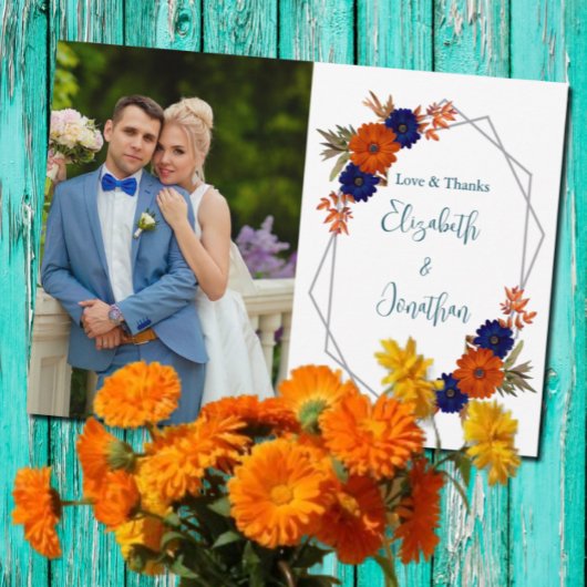 秋素朴オレンジネイビーブルーフローラ結婚ズ サンキューカード