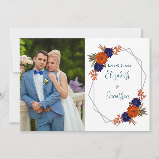 秋素朴オレンジネイビーブルーフローラ結婚ズ サンキューカード (正面)