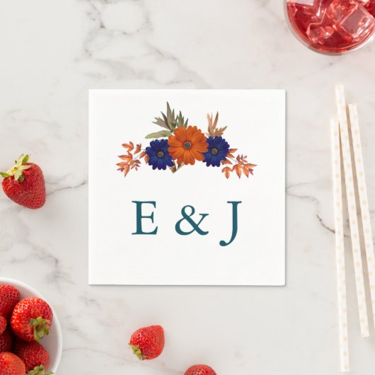 秋素朴オレンジネイビーブルーフローラ結婚ズ スタンダードカクテルナプキン (インサイチュ)