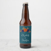 秋素朴オレンジネイビーブルーフローラ結婚ズ ビールラベル (正面)