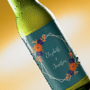 秋素朴オレンジネイビーブルーフローラ結婚ズ ビールラベル