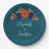 秋素朴オレンジネイビーブルーフローラ結婚ズ ペーパープレート (正面)