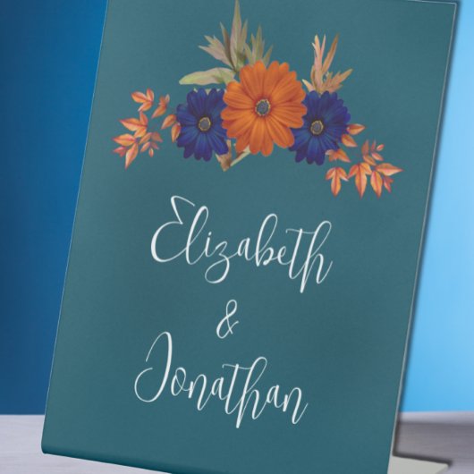 秋素朴オレンジネイビーブルーフローラ結婚ズ 台座サイン