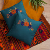 秋素朴オレンジネイビーブルーフローラ クッション