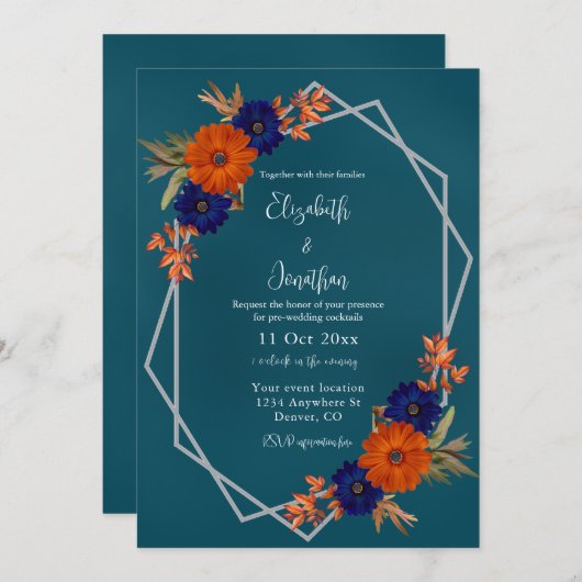 秋素朴オレンジネイビーブルー結婚ズカクテル 招待状 (正面/裏面)