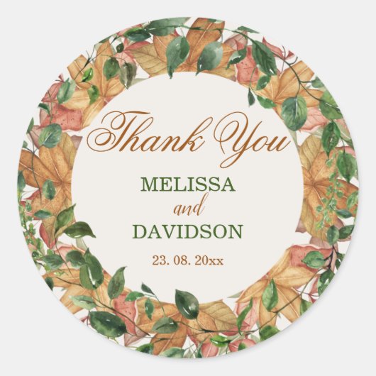 秋素朴オレンジ緑の水の色結婚の ラウンドシール (正面)