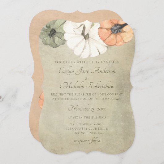 秋素朴オータムホワイトオレンジカボチャ結婚ンス 招待状 (正面/裏面)