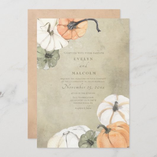 秋素朴オータムホワイトオレンジカボチャ結婚ンス 招待状 (正面/裏面)