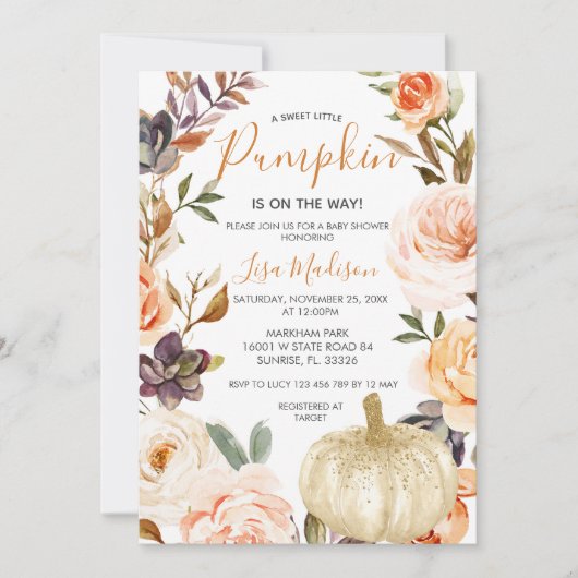 秋素朴カボチャがベイビーシャワーの途中にある 招待状 (正面)