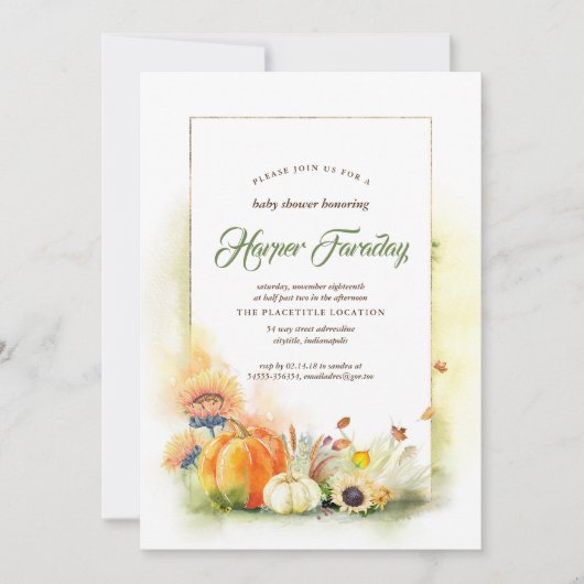 秋素朴ハーベストカボチャひまわり赤ちゃんシャワー 招待状 (正面)