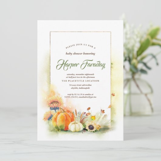 秋素朴ハーベストカボチャひまわり赤ちゃんシャワー 招待状 (スタンド正面)