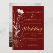 秋素朴バーガンディボヘミアン結婚ワイルドフラワー 招待状 (正面/裏面)