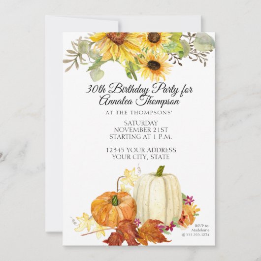 秋素朴バースデーパーティーパンプキンリーフサンフラワー 招待状 (正面)
