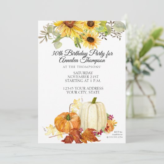 秋素朴バースデーパーティーパンプキンリーフサンフラワー 招待状 (スタンド正面)