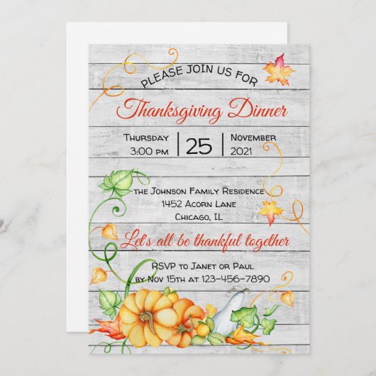 秋素朴パンプキンフローラ感謝祭ディナーI 招待状 (正面/裏面)