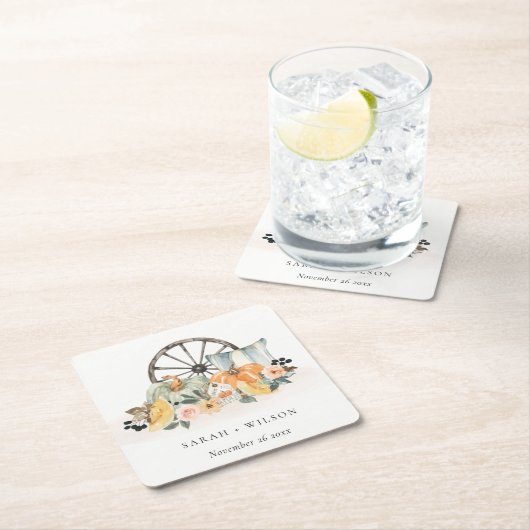 秋素朴パンプキンリーフィーフローラホイール結婚ズ スクエアペーパーコースター (インサイチュ)