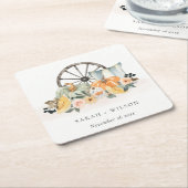 秋素朴パンプキンリーフィーフローラホイール結婚ズ スクエアペーパーコースター (アングル)