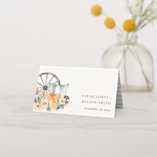 秋素朴パンプキンリーフィーフローラホイール結婚ズ プレイスカード (正面)
