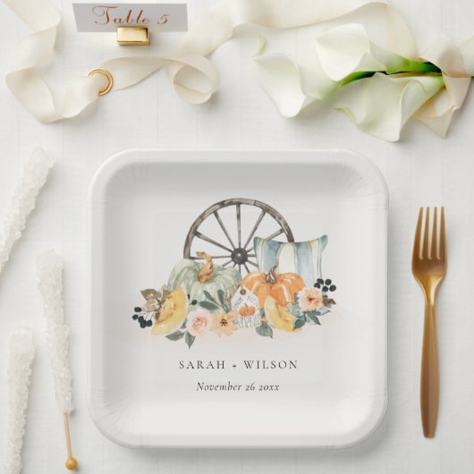 秋素朴パンプキンリーフィーフローラホイール結婚ズ ペーパープレート (ウェディング)