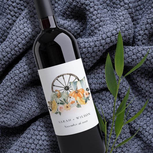 秋素朴パンプキンリーフィーフローラホイール結婚ズ ワインラベル