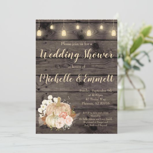 秋素朴パンプキン金ゴールドウェディングシャワー招待状 招待状 (スタンド正面)