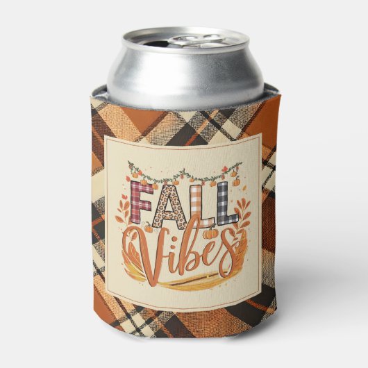 秋素朴ビーズバーンドオレンジプレイドプリント秋 缶クーラー (缶正面)