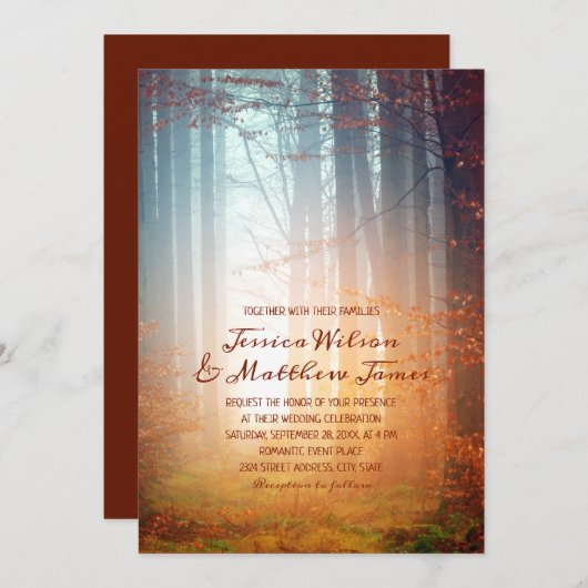 秋素朴フォレストブルゴーニュ秋の田舎の結婚式 招待状 (正面/裏面)