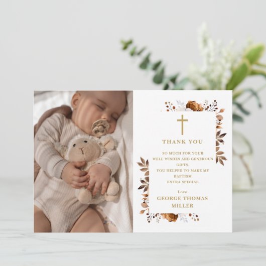 秋素朴フローラフォトバプテスマ《キリスト教》洗礼式や命名式 サンキューカード (スタンド正面)