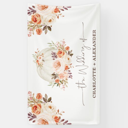 秋素朴フローラホワイトパンプキン結婚式 横断幕 (縦)