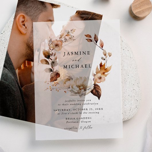 秋素朴フローラリース結婚ズ ベラム紙招待状