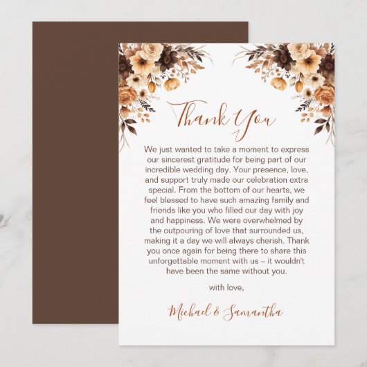 秋素朴ブラウンとアイボリーバラカントリーウェディング サンキューカード (正面/裏面)