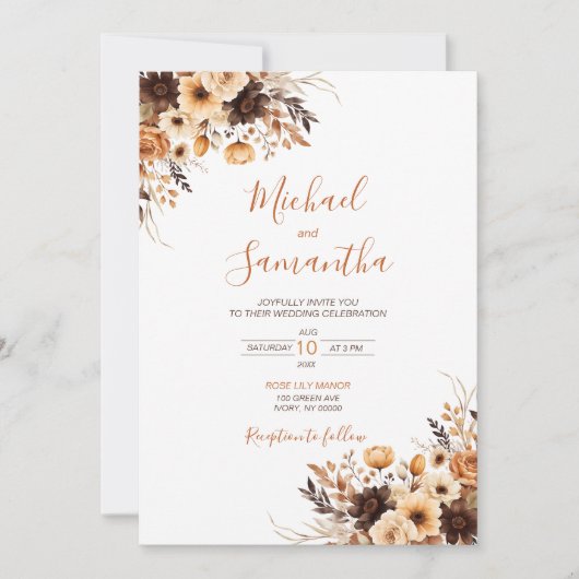 秋素朴ブラウンとアイボリーバラカントリーウェディング 招待状 (正面)