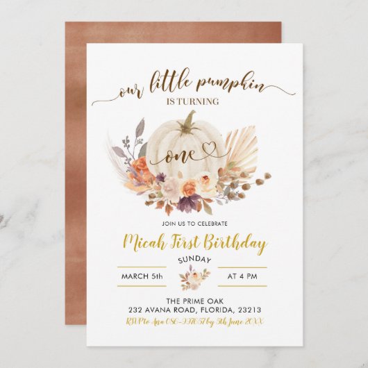 秋素朴ボホパンプキンファースト誕生日招待状 招待状 (正面/裏面)